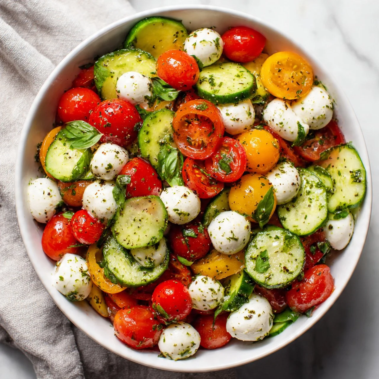 Fresh cucumber caprese salad with tomatoes and mozzarella