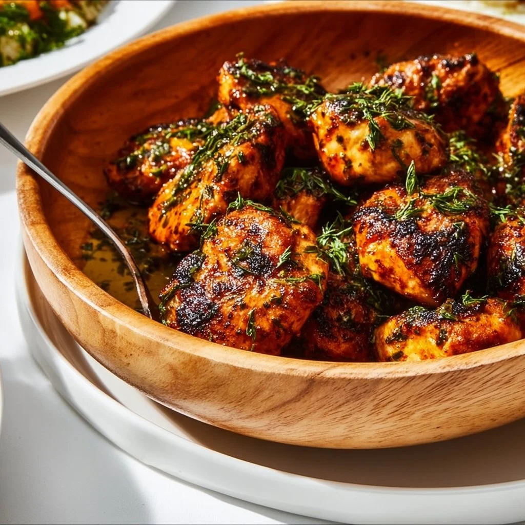 Delicious juicy Greek chicken bites served on a plate with herbs and lemon
