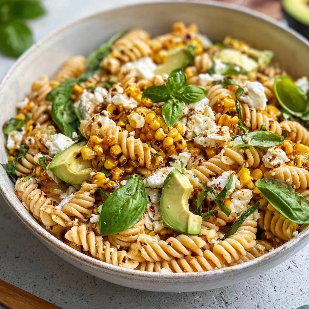 Juicy Street Corn Pasta Salad featuring fresh corn, herbs, and pasta mixed together.