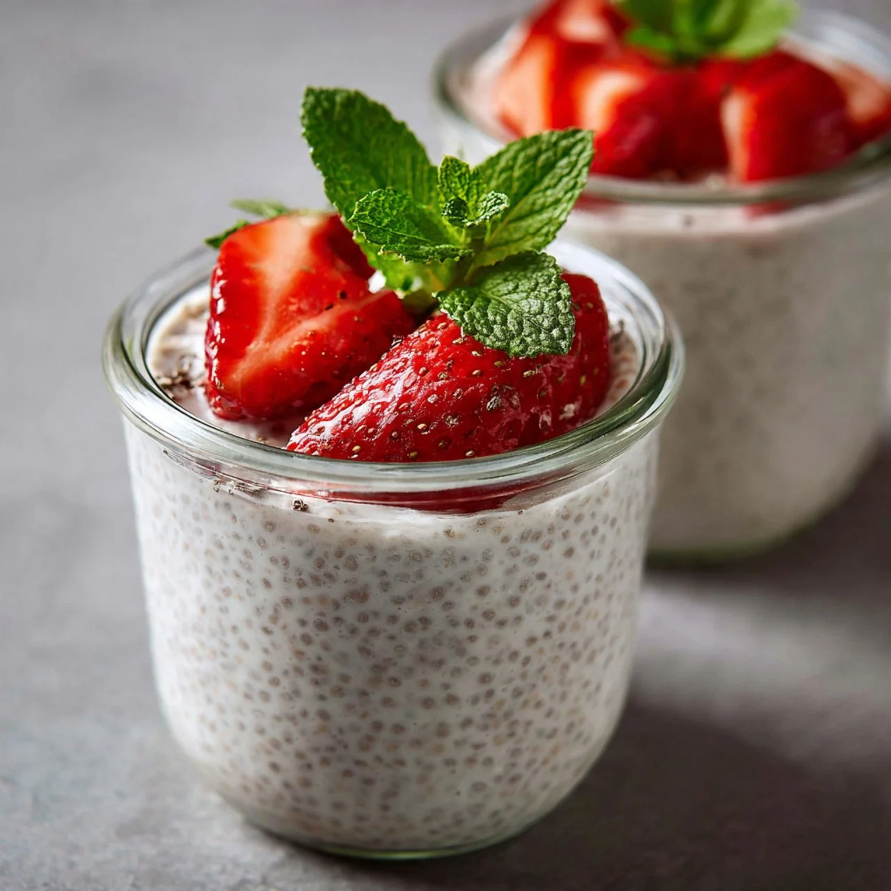 Bowl of creamy kefir chia pudding topped with fresh fruits and nuts