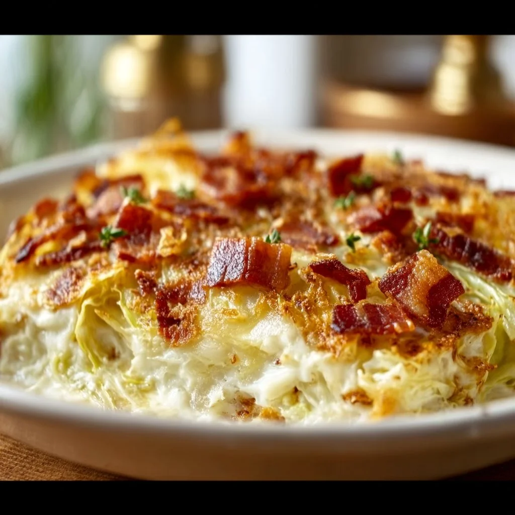 Keto Bacon-Cabbage Cottage Cheese Bake served in a dish