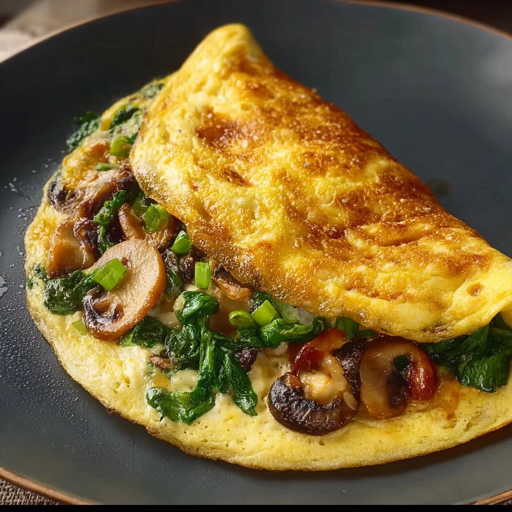 Keto Bacon and Mushroom Omelette served on a plate with fresh herbs.