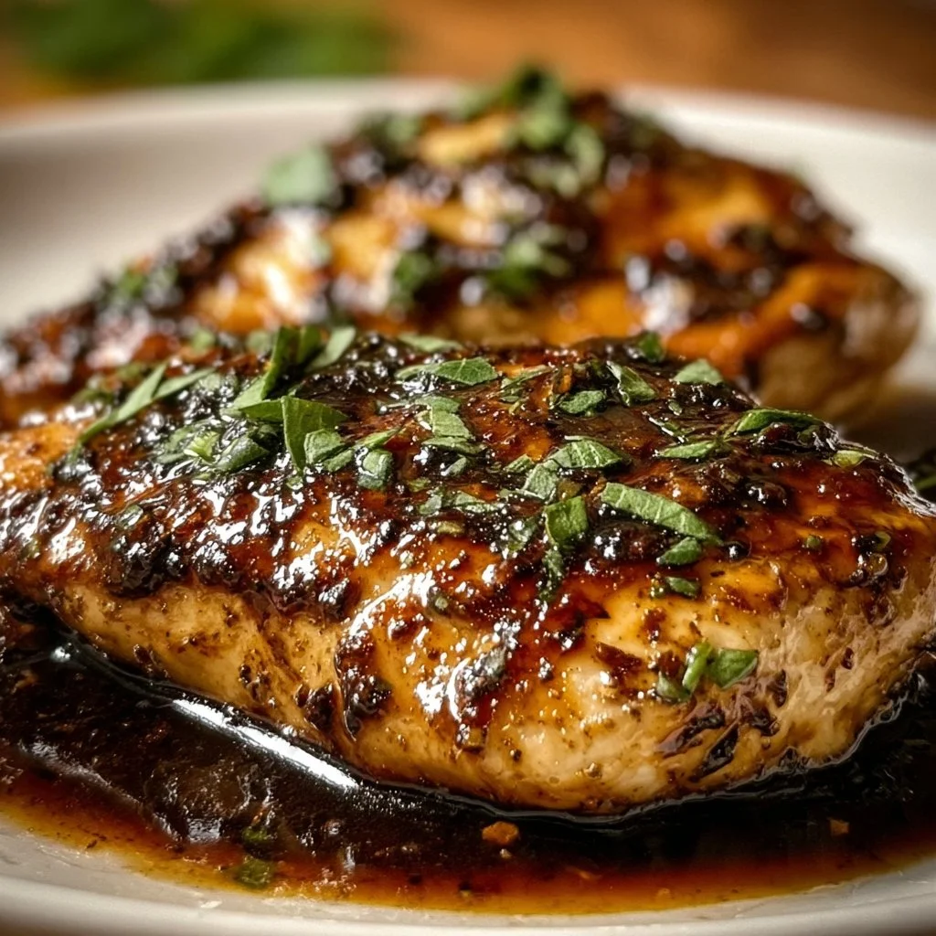 Plate of Keto Balsamic Chicken topped with Mozzarella cheese and herbs