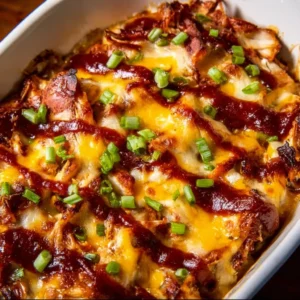 Delicious Keto BBQ Chicken Casserole topped with melted cheese and herbs.