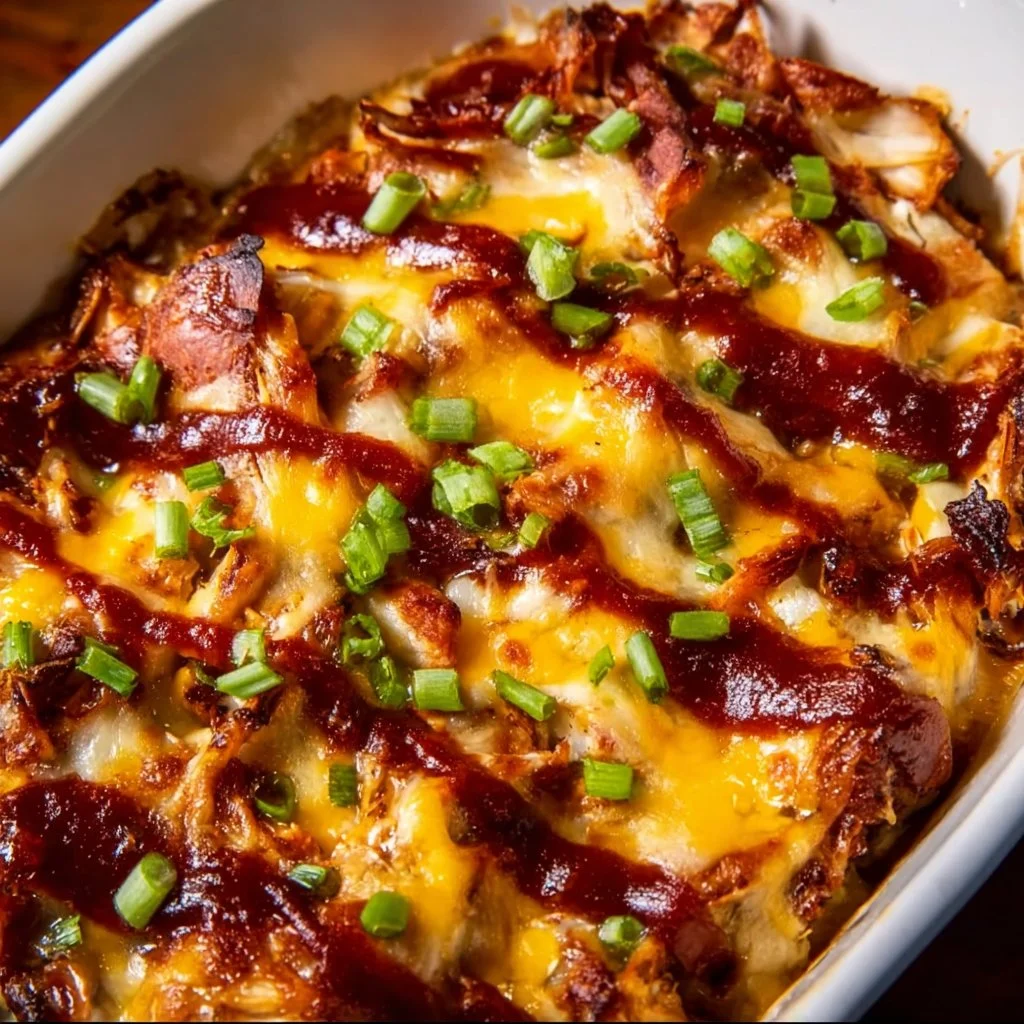 Delicious Keto BBQ Chicken Casserole topped with melted cheese and herbs.
