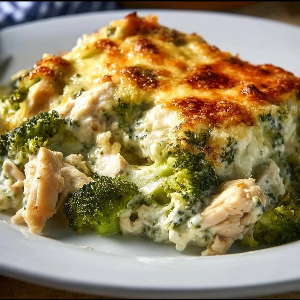 Keto Chicken Alfredo Broccoli Bake served in a dish, garnished with parsley.