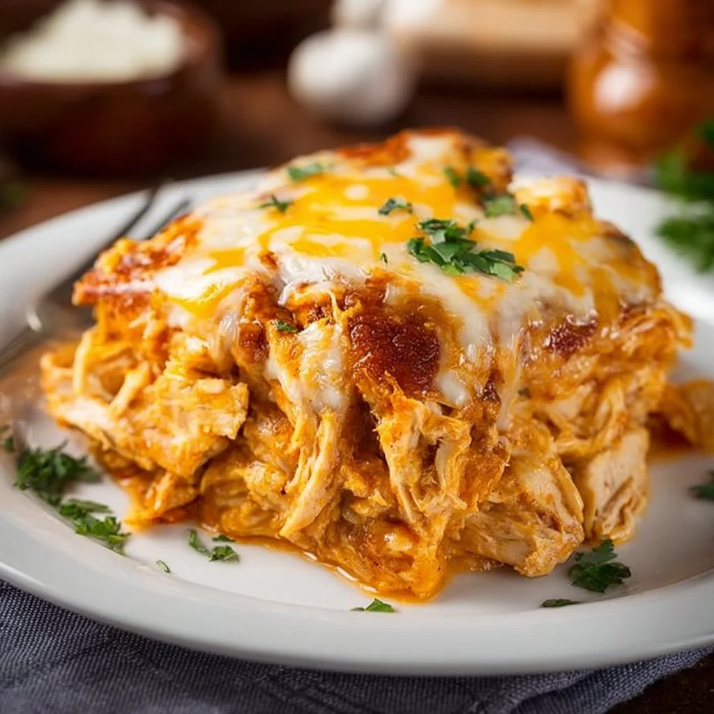 Keto chicken enchilada casserole topped with cheese and fresh herbs