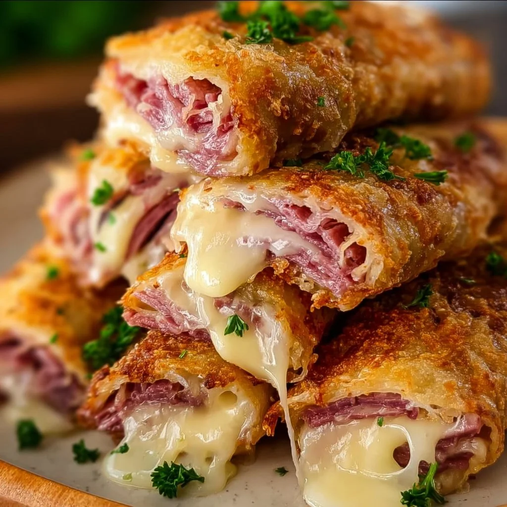 Keto Crispy Reuben Roll-Ups served on a plate, featuring cheese and corned beef