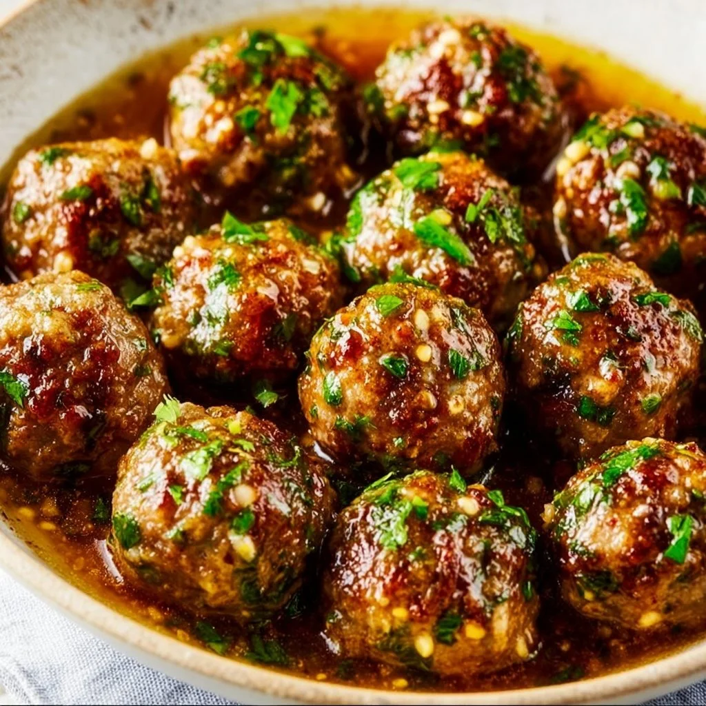 Delicious keto garlic butter meatballs served on a plate.