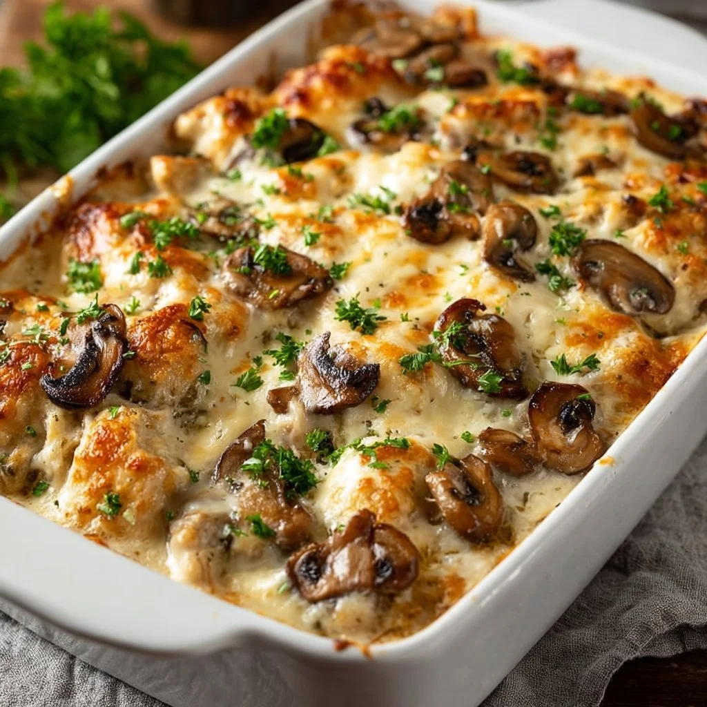 Keto Garlic Mushroom Chicken Casserole served in a baking dish