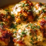 Keto Garlic Parmesan Chicken plated with herb garnish