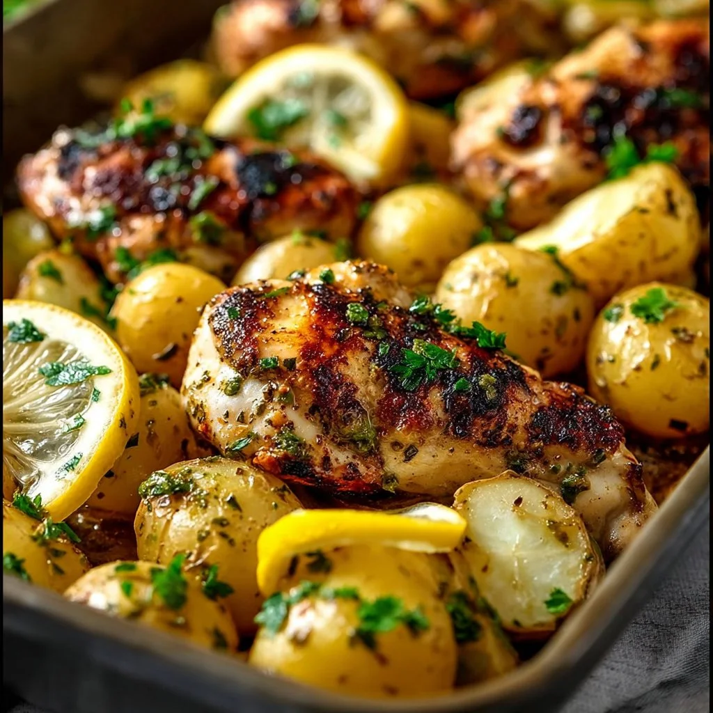 One-pan lemon herb chicken with baby potatoes, a quick and flavorful meal.