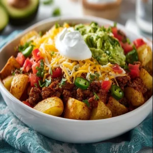 Delicious Loaded Potato Taco Bowl topped with fresh ingredients and flavors.