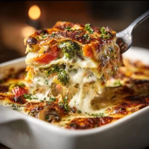 Delicious loaded veggie white lasagna with layers of vegetables and creamy sauce