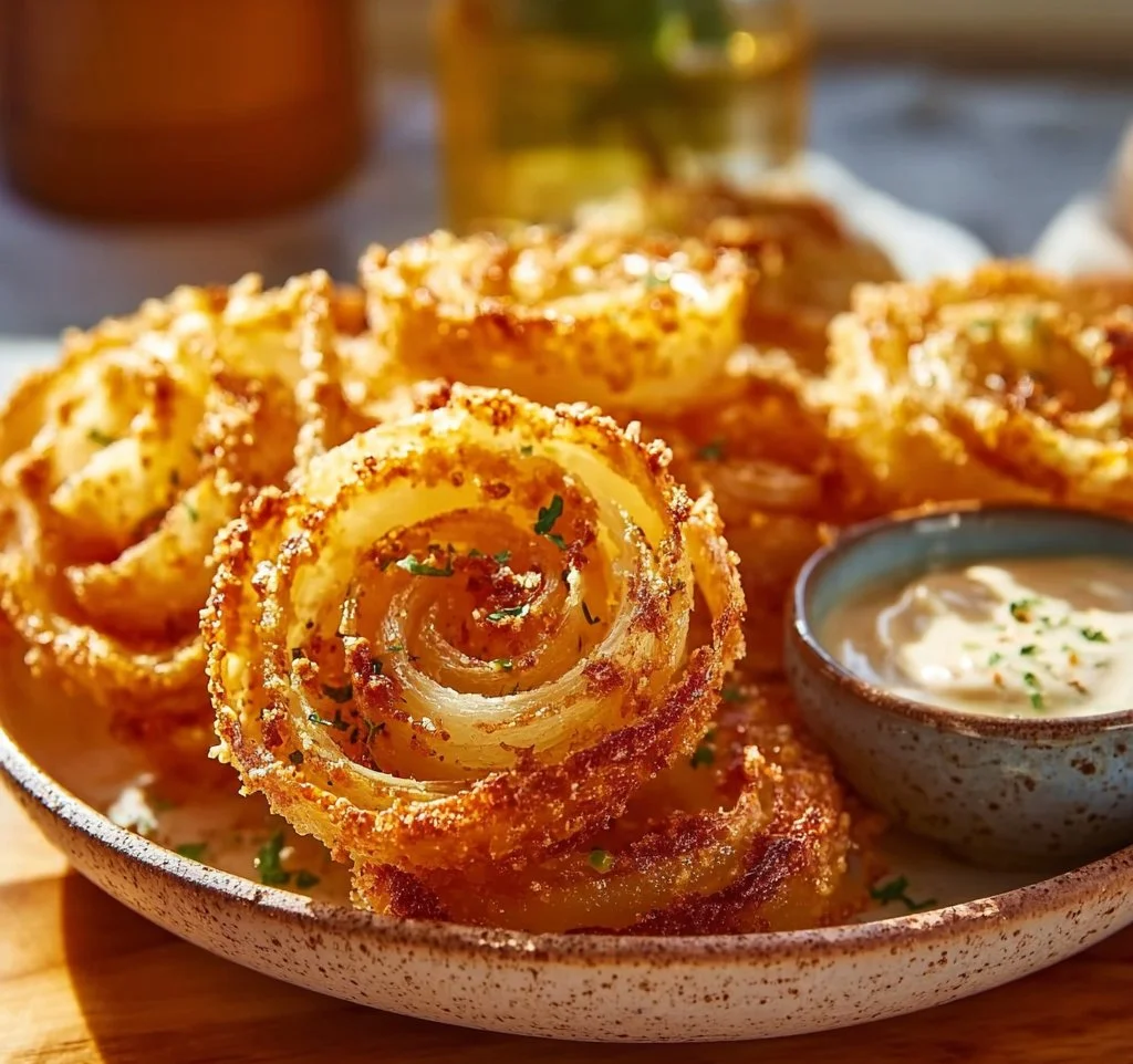 Low-carb baked onion rings on a plate, crispy and golden brown.