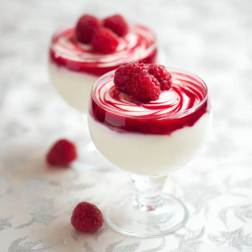 Low-fat raspberry parfait topped with fresh raspberries and granola