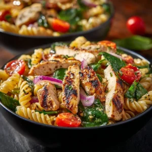 Bowl of Mediterranean Chicken Pasta Salad with fresh ingredients