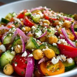 Mediterranean Chickpea Salad with cucumber and feta in a bowl