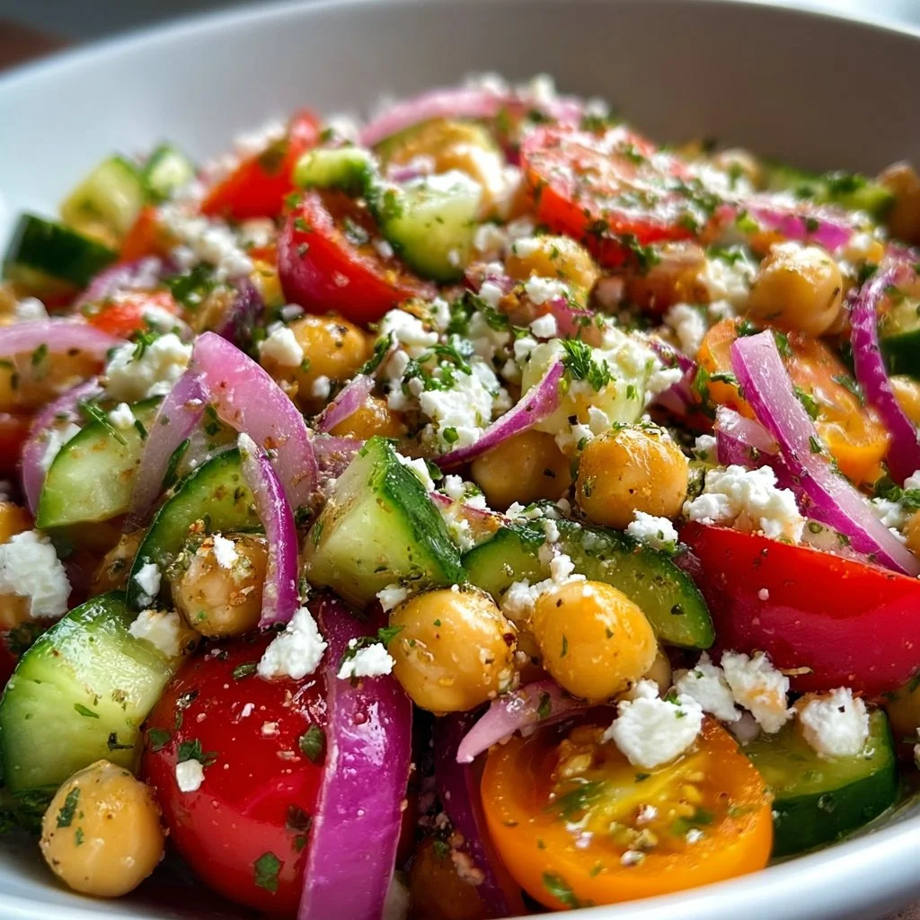 Mediterranean Chickpea Salad with cucumber and feta in a bowl