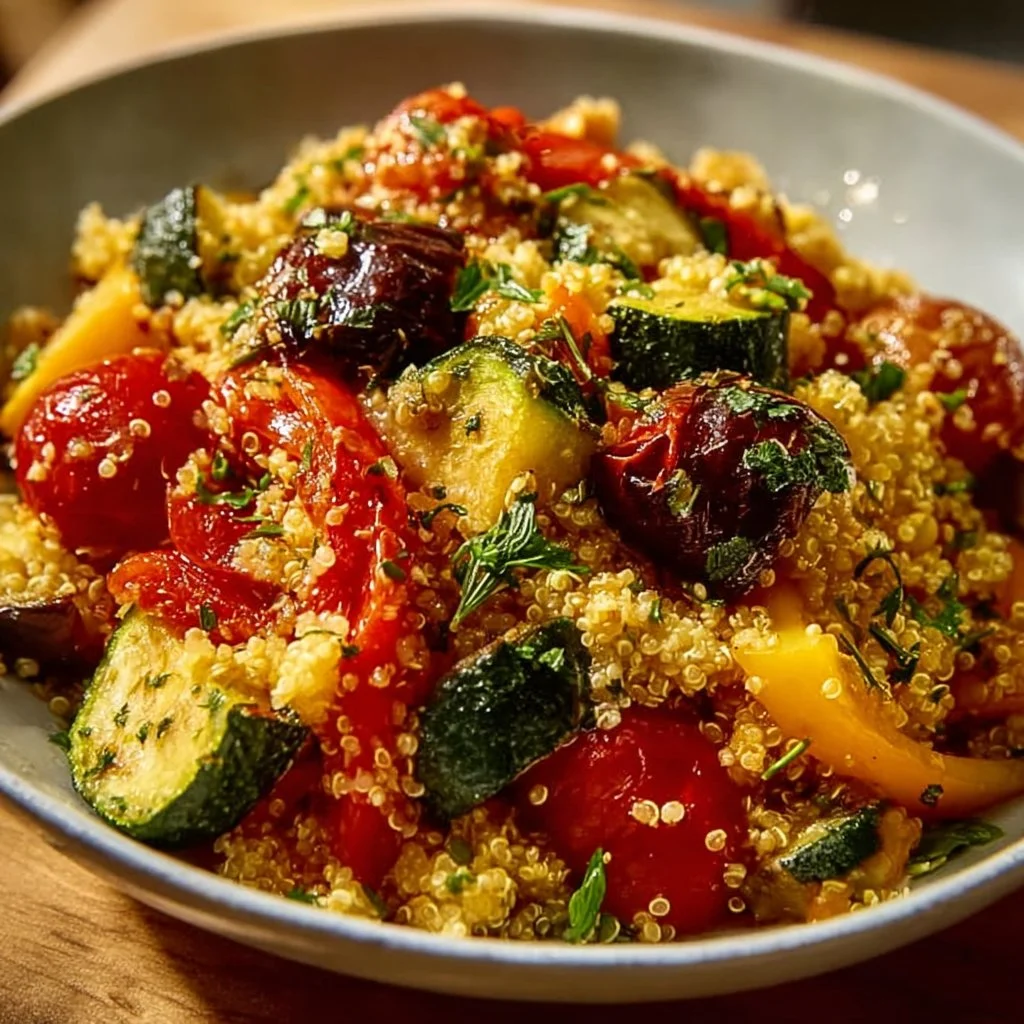 Delicious Mediterranean Quinoa Salad topped with roasted vegetables in a bowl.