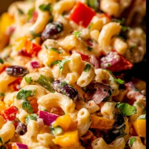 Colorful bowl of Mexican Macaroni Salad with fresh vegetables and spices