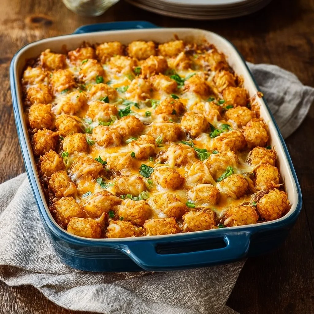Delicious Mexican Tater Tot Casserole topped with cheese and vegetables