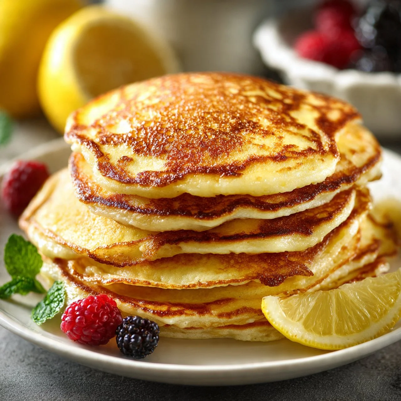 Moist lemon ricotta pancakes served with fresh berries on a plate