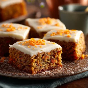 Healthy no sugar cottage cheese carrot cake bars on a wooden table
