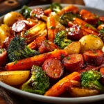 One-Pan Honey Garlic Kielbasa with colorful veggies ready to serve