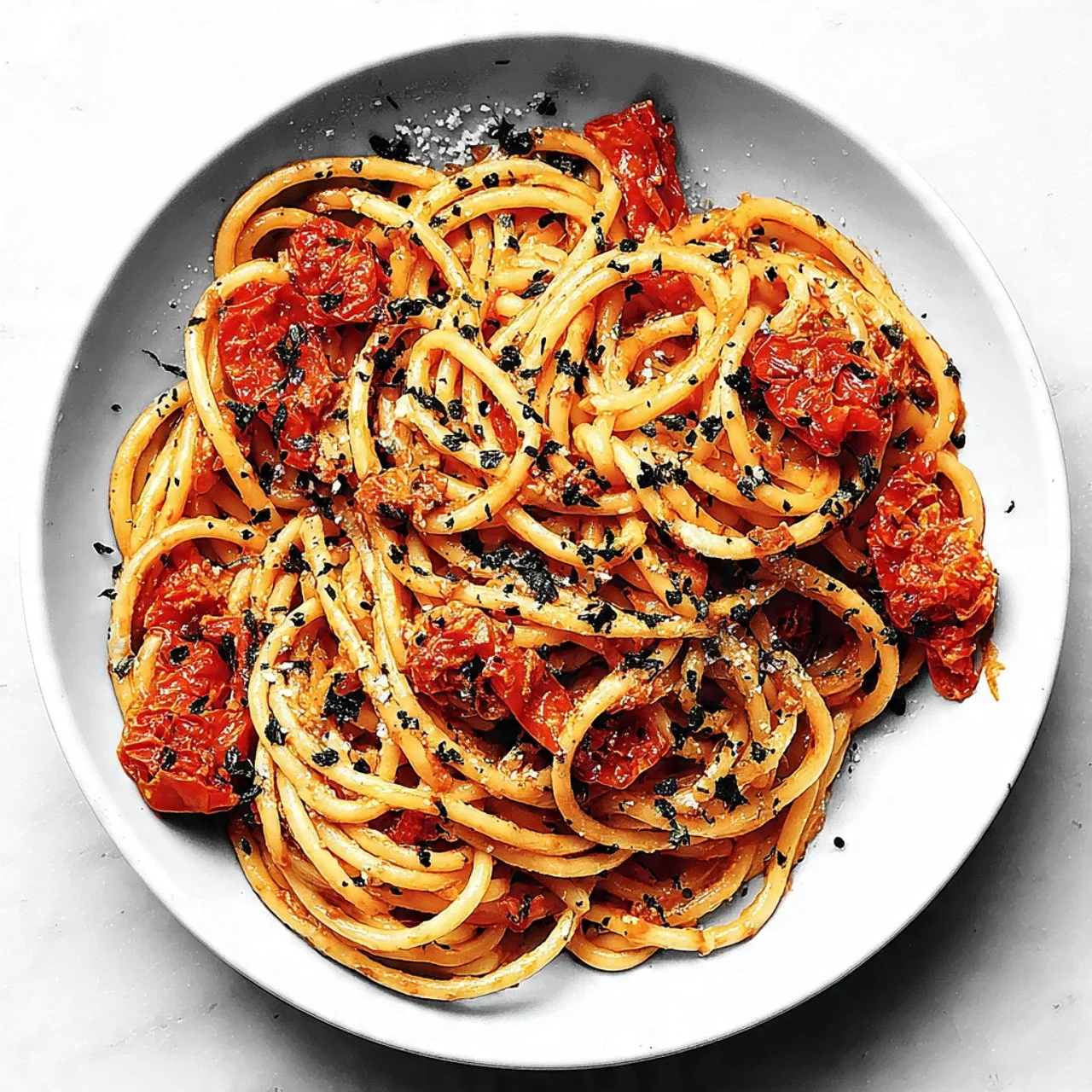 One-Pan Sun-Dried Tomato Pasta cooked in a skillet with fresh ingredients