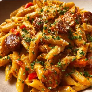 One-Pot Creamy Spicy Cajun Sausage Pasta garnished with parsley in a bowl.