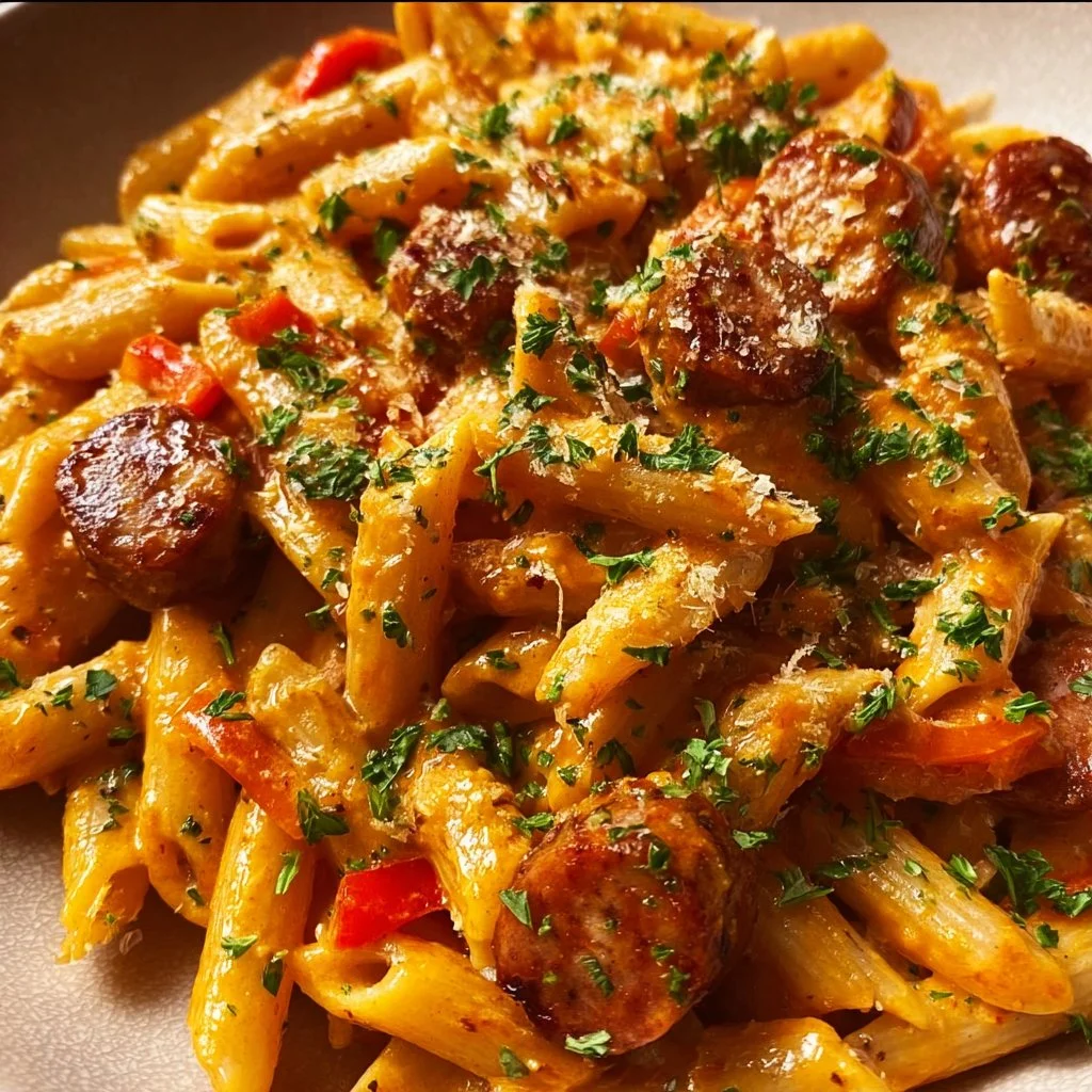One-Pot Creamy Spicy Cajun Sausage Pasta garnished with parsley in a bowl.