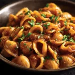 Creamy One Pot French Onion Pasta topped with cheese and caramelized onions