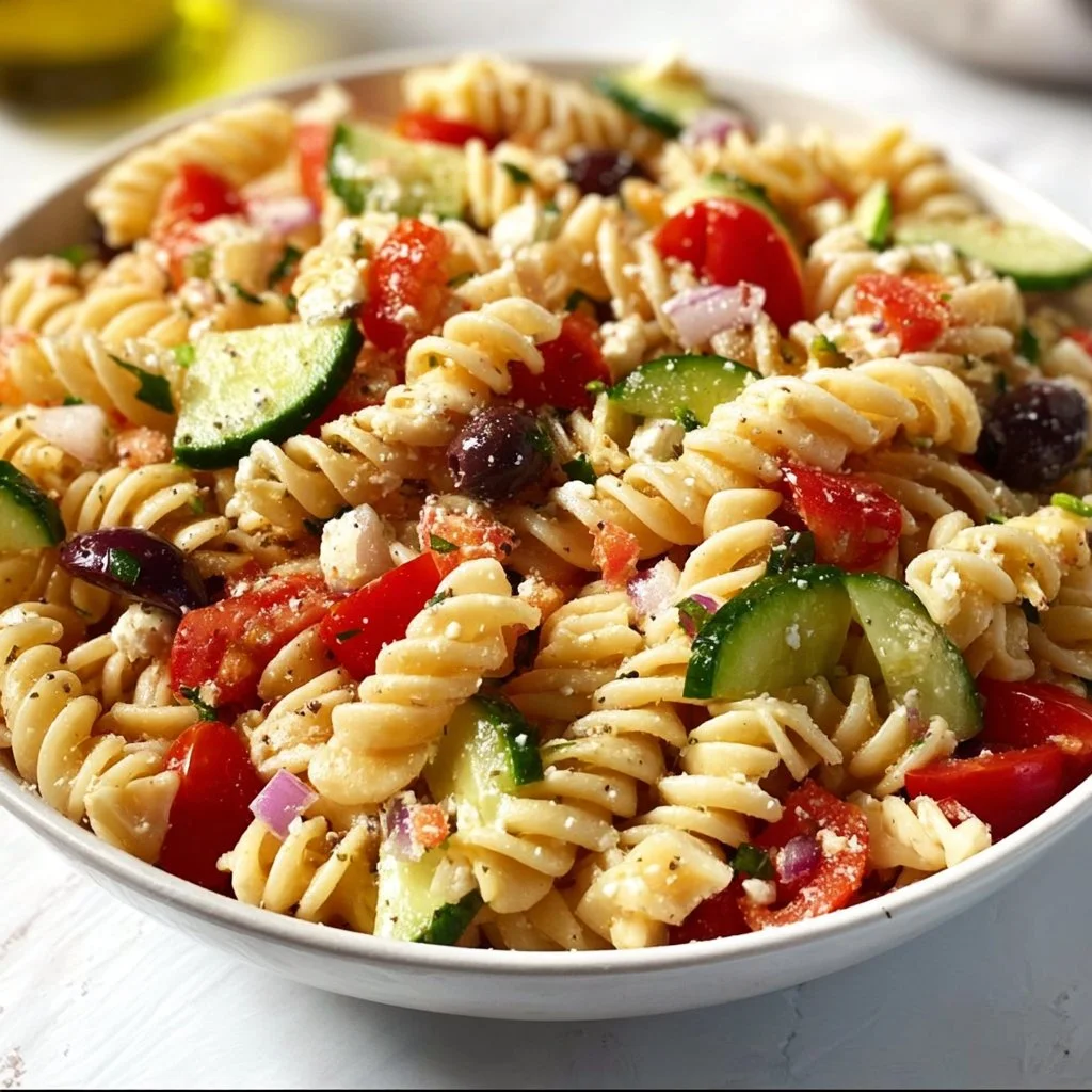 Colorful and fresh pasta salad with vegetables and dressing in a bowl