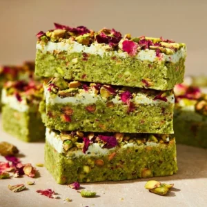 Homemade pistachio protein bars on a wooden surface, healthy snack options.