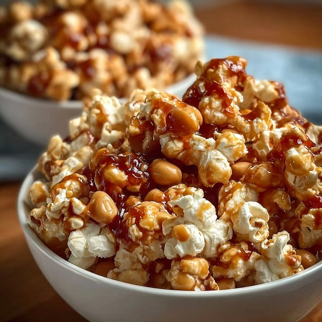 Delicious popcorn peanuts caramel mix in a bowl, perfect for snacking.