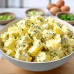 Delicious bowl of creamy potato salad garnished with herbs