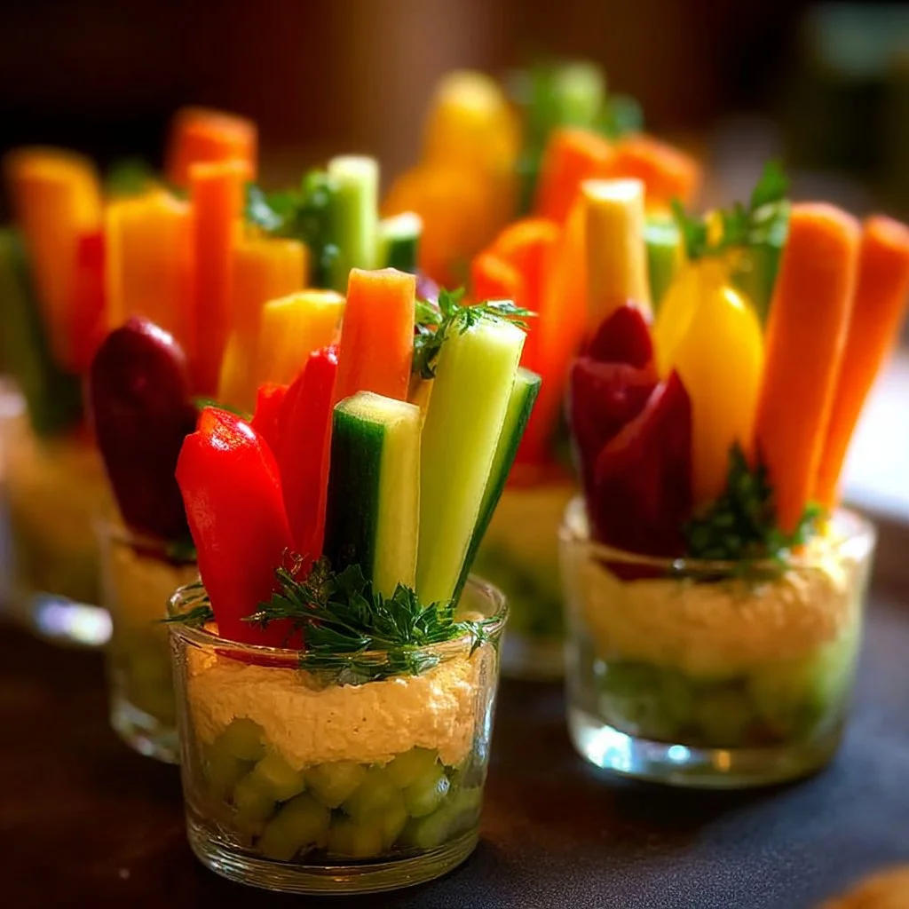 Colorful Rainbow Hummus Veggie Cups display with fresh vegetables and dip.
