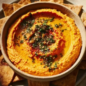 Bowl of creamy Roasted Carrot Hummus served with fresh vegetables