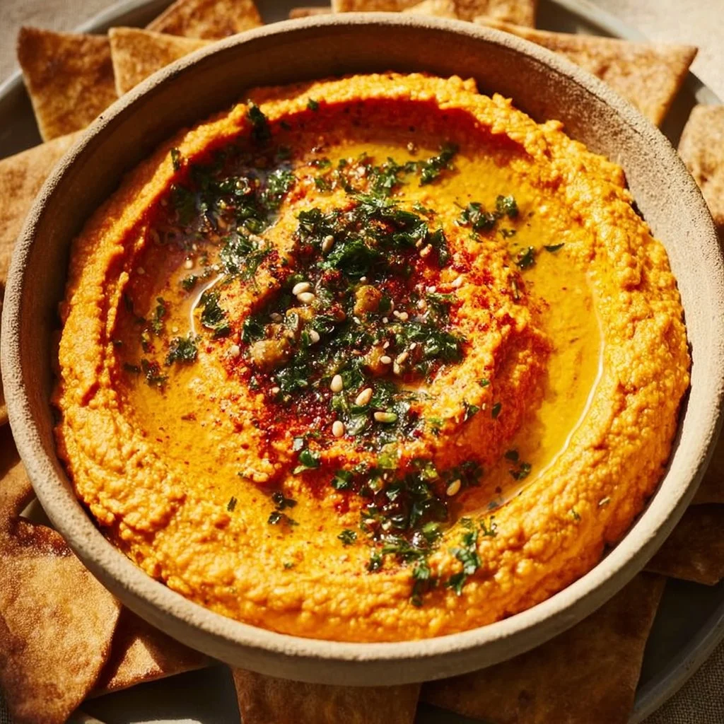 Bowl of creamy Roasted Carrot Hummus served with fresh vegetables