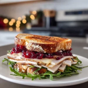 Roasted turkey brie melt sandwich with cranberry sauce on toasted bread