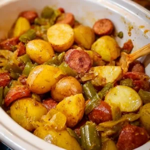 Sausage and green beans with potatoes served on a plate.