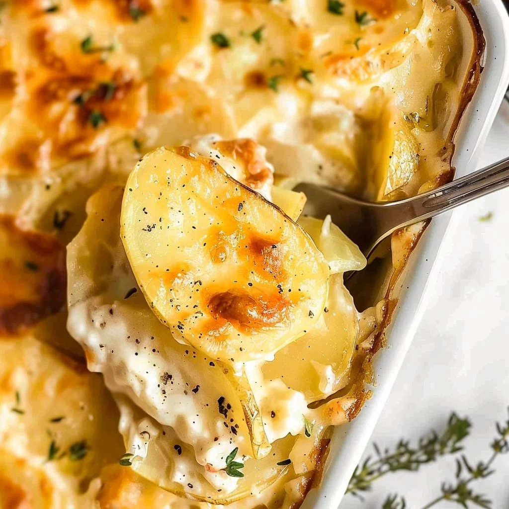 Baked scalloped potatoes without cheese served in a dish.