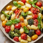 Sheet-Pan Gnocchi Primavera with Lemon-Parmesan Drizzle on a rustic table