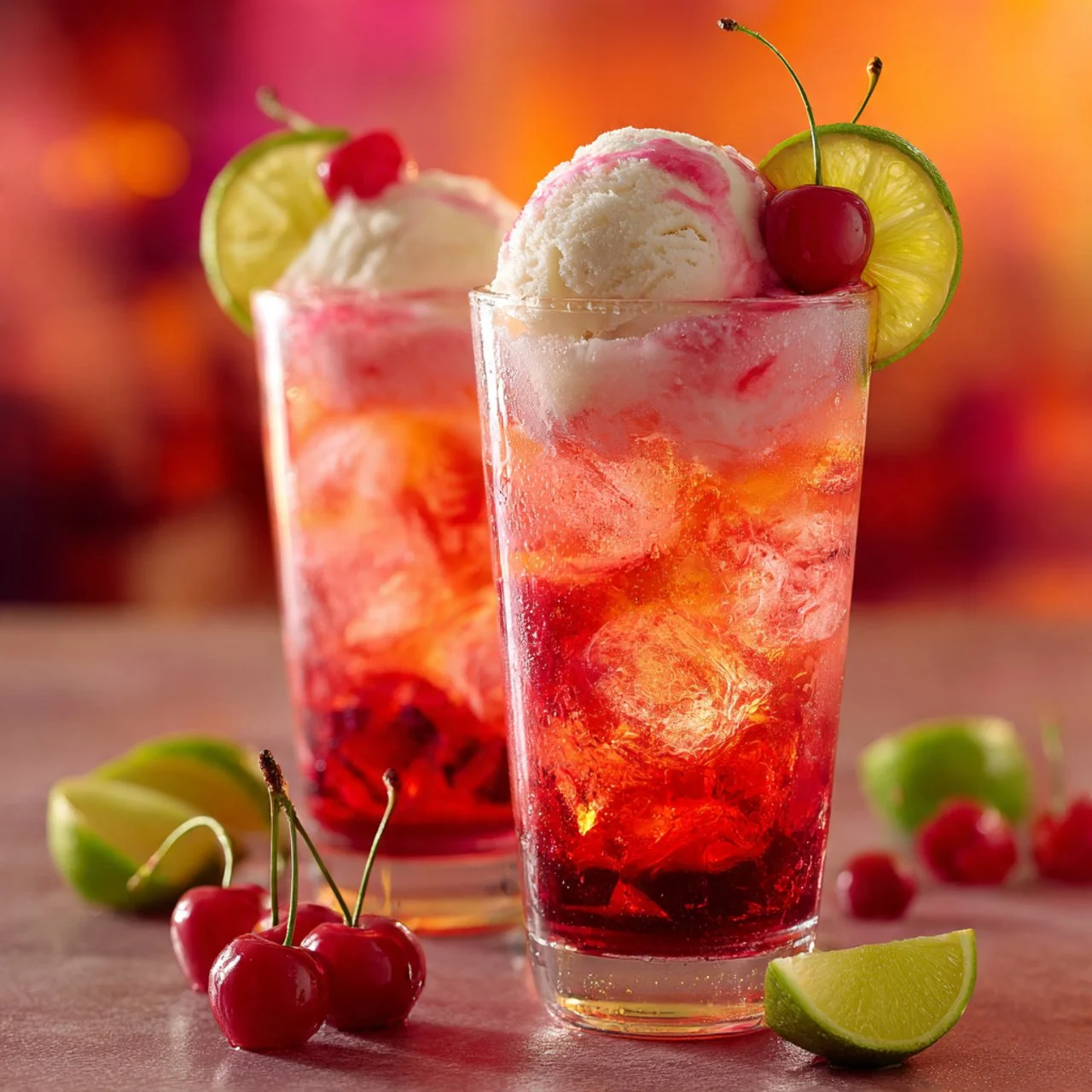 Delicious Shirley Temple ice cream float topped with cherries and whipped cream