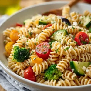 Simple high protein pasta salad with colorful vegetables and dressing