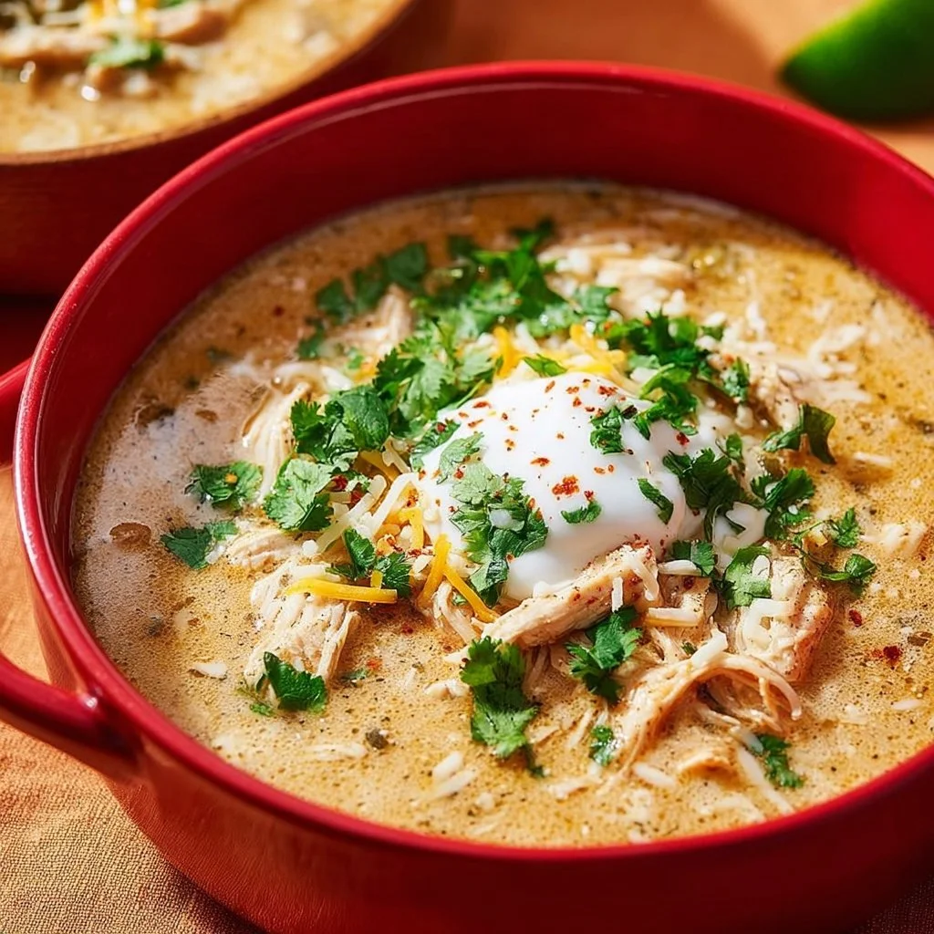 Bowl of Simple Keto White Chicken Chili garnished with fresh herbs
