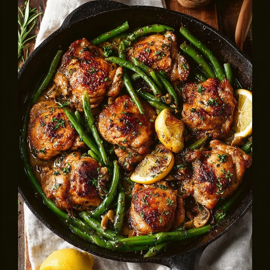 Skillet Garlic Butter Chicken with Green Beans in a pan, ready to serve.