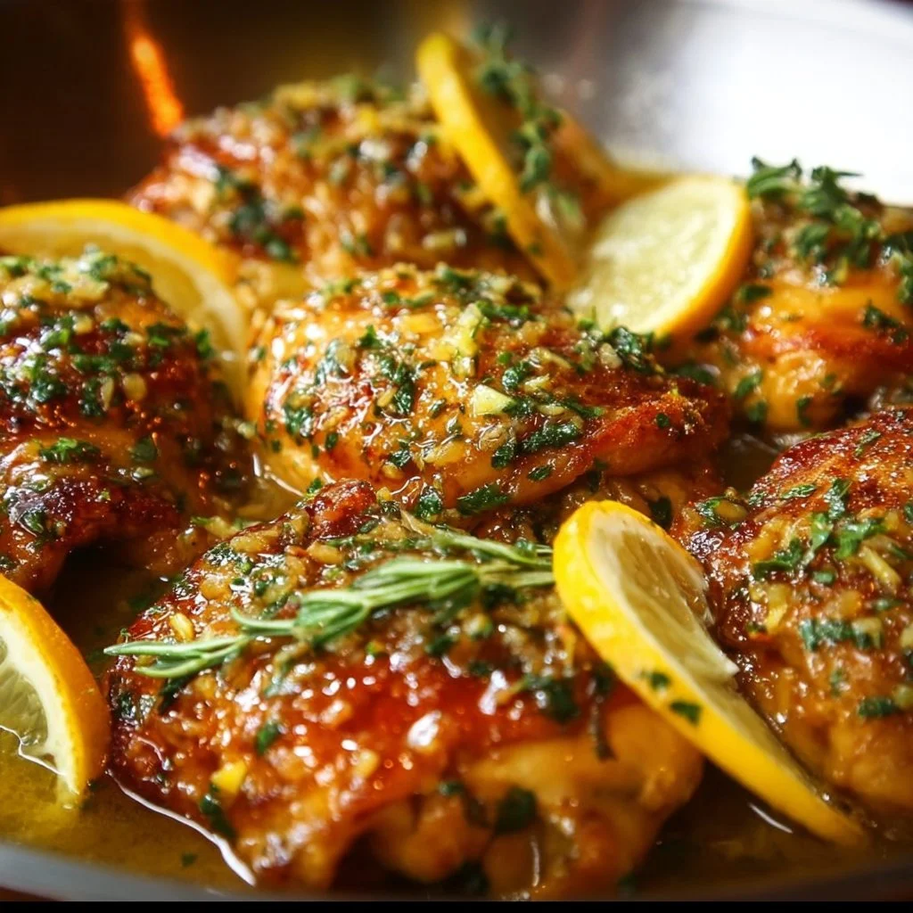 Slow cooker lemon garlic butter chicken ready to serve.