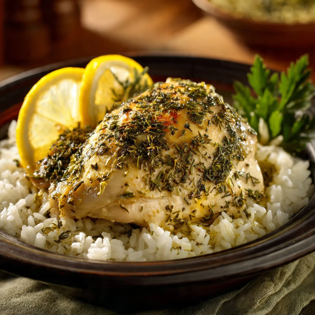 Slow cooker lemon herb chicken served with fluffy rice on a plate